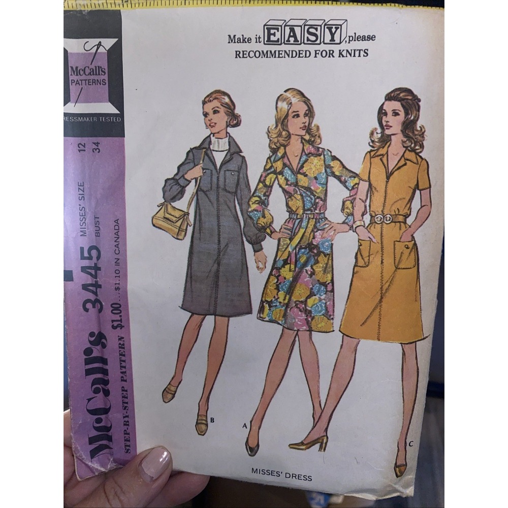McCalls 3445 Sewing Pattern VTG 1970s Shirtdress A Line Belted Size 12 Cut